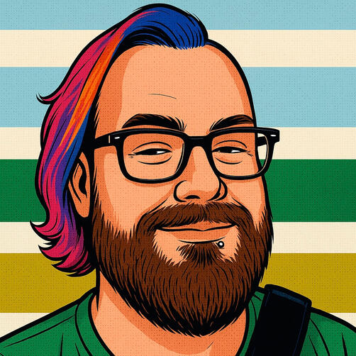 chris novus with rainbow hair drawn in a modern comic book style